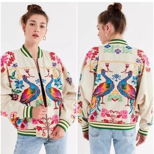 UO Peacock Paradise Cross-Stitch Bomber Jacket size L